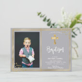 Goud en Navy Blauw Doop Uitnodiging (Staand voorkant)