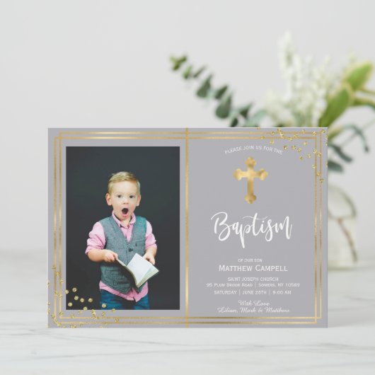 Goud en Navy Blauw Doop Uitnodiging (Staand voorkant)
