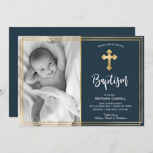 Goud en Navy Blauw Doop Uitnodiging (Voorkant / Achterkant)