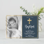 Goud en Navy Blauw Doop Uitnodiging (Staand voorkant)