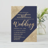 Goud en Navy Blauw Faux Glitter Sequin Bruiloft Kaart (Staand voorkant)