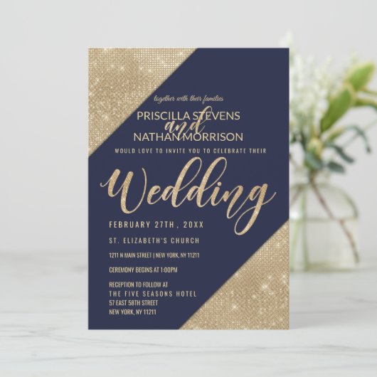Goud en Navy Blauw Faux Glitter Sequin Bruiloft Kaart (Staand voorkant)
