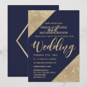 Goud en Navy Blauw Faux Glitter Sequin Bruiloft Kaart (Voorkant / Achterkant)