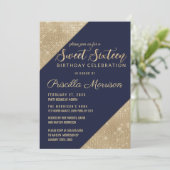 Goud en Navy Blauw Faux Glitter Sequin Sweet 16 Kaart (Staand voorkant)