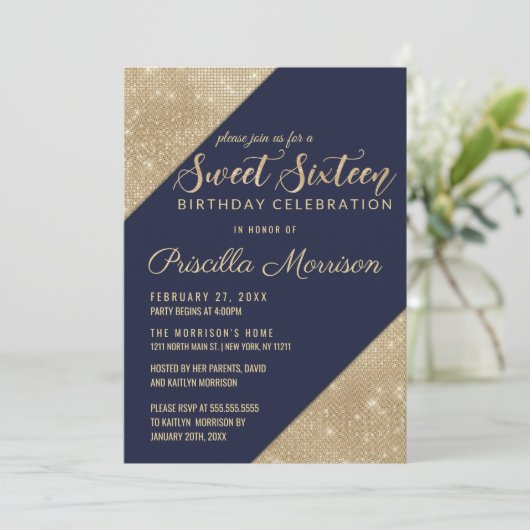 Goud en Navy Blauw Faux Glitter Sequin Sweet 16 Kaart (Staand voorkant)