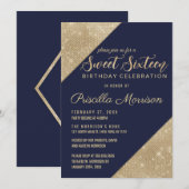 Goud en Navy Blauw Faux Glitter Sequin Sweet 16 Kaart (Voorkant / Achterkant)