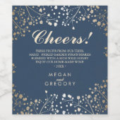 Goud en Navy Blue Baby's Breath Elegant Wijn Etiket (Enkel label)