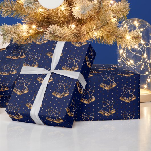 Goud en Navy Blue Kerstbellen Cadeaupapier (Feestdagen)