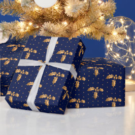 Goud en Navy Blue Kerstmis Holly Cadeaupapier