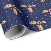 Goud en Navy Blue Kerstmis Holly Cadeaupapier (Rol Hoek)
