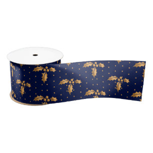 Goud en Navy Blue Kerstmis Holly Satijnen Lint