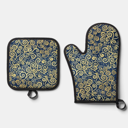 Goud en Navy Blue Luxe Abstract Patroon Ovenwant & Pannenlap Set (Voorkant)
