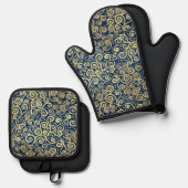 Goud en Navy Blue Luxe Abstract Patroon Ovenwant & Pannenlap Set (Voorkant / Achterkant)