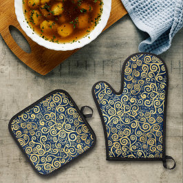  Goud en Navy Blue Luxe Abstract Patroon Ovenwant & Pannenlap Set