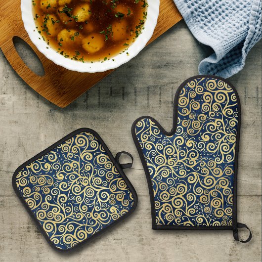 Goud en Navy Blue Luxe Abstract Patroon Ovenwant & Pannenlap Set