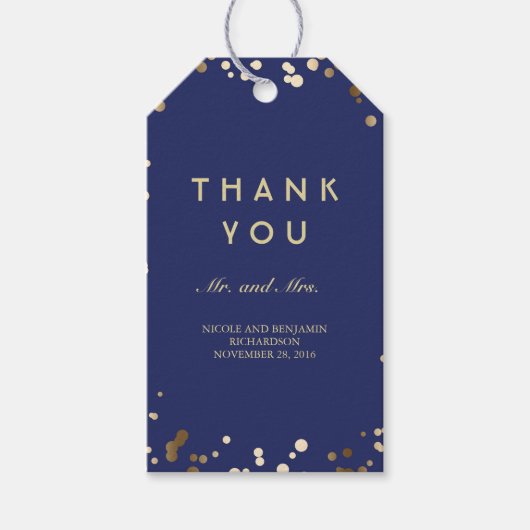 Goud en Navy Confetti Elegant Bruiloft Cadeaulabel (Voorkant)