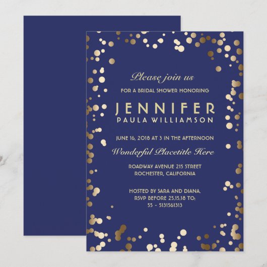 Goud en Navy Confetti Vrijgezellenfeest Kaart (Voorkant / Achterkant)