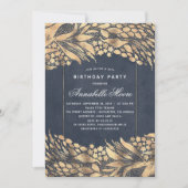 Goud en Navy Foliage Elegant Verjaardagsfeest Kaart (Voorkant)