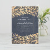 Goud en Navy Foliage Elegant Verjaardagsfeest Kaart (Staand voorkant)