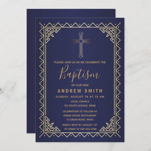 Goud en Navy  kalligrafie doop Kaart (Voorkant / Achterkant)