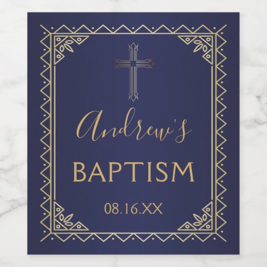 Goud en Navy kalligrafie doop Wijn Etiket (Enkel label)