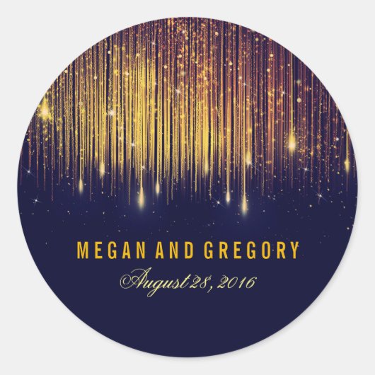 Goud en Navy String Lights Bruiloft Ronde Sticker (Voorkant)