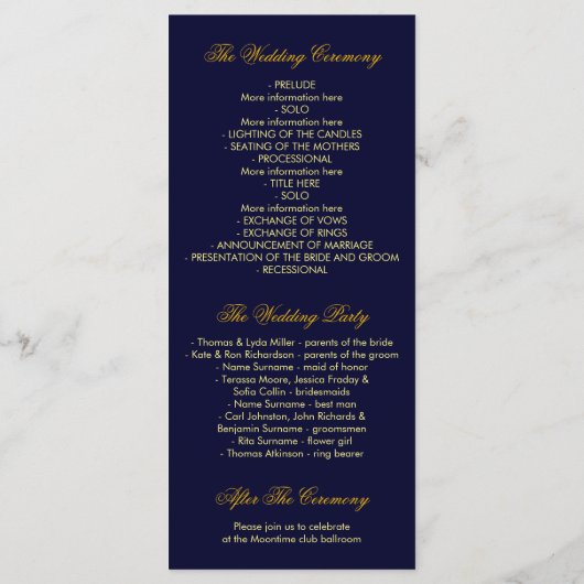 Goud en Navy String Lights Trouwprogramma's Programmakaart (Achterkant)