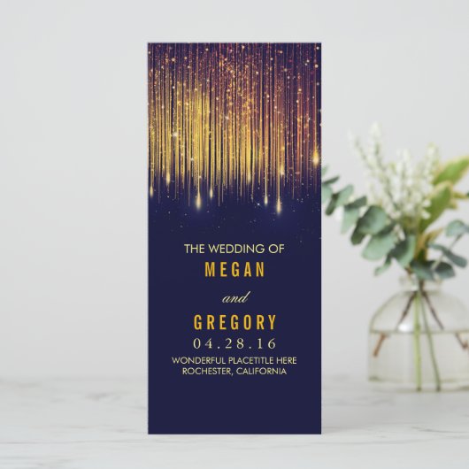 Goud en Navy String Lights Trouwprogramma's Programmakaart (Staand voorkant)