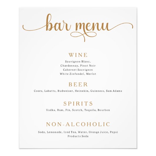 Goud en Off White Wedding Bar Menu Poster (Voorkant)