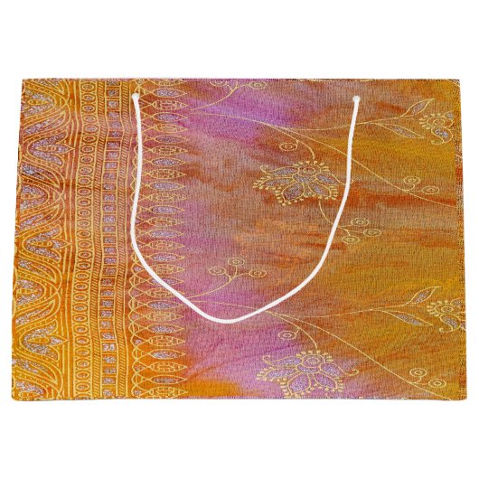 Goud en oranje bloemoraal materiaal large cadeautasje (Voorkant)