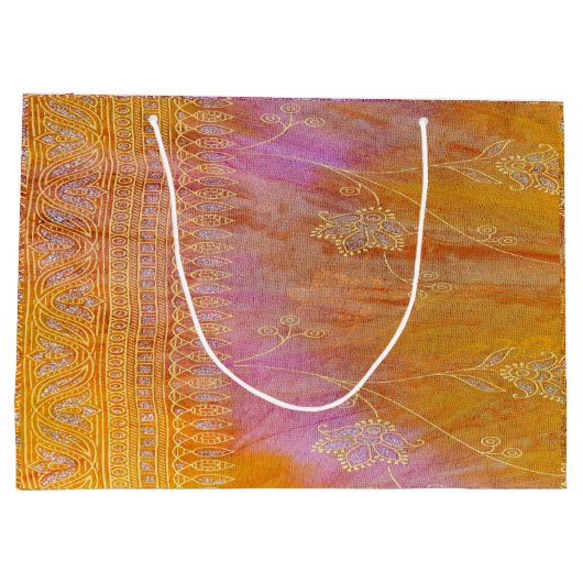 Goud en oranje bloemoraal materiaal large cadeautasje (Achterkant)