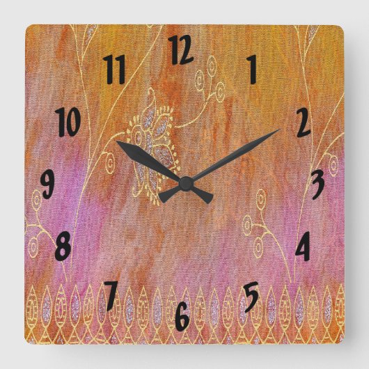 Goud en oranje bloemoraal materiaal vierkante klok (Voorkant)