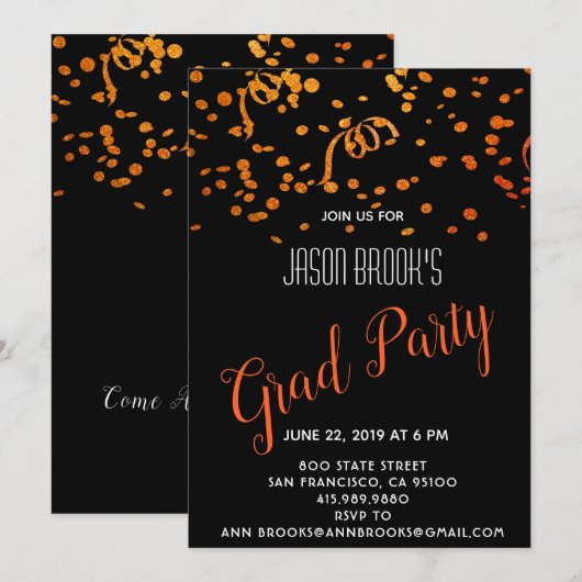 Goud en Oranje Confetti op zwart Afstuderen Kaart (Voorkant / Achterkant)