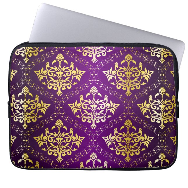 Goud en paars  bloempatroon laptop sleeve (Voorkant)