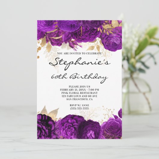 Goud en Paars Floral Borders 60e verjaardag Kaart (Staand voorkant)