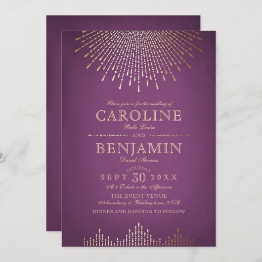 Goud en paars kunstdeco - bruiloft kaart (Voorkant / Achterkant)