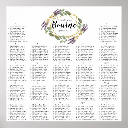 Goud en Paars lavender Wedding Seating Chart Poster (Voorkant)