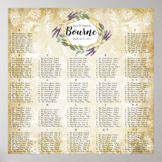 Goud en Paars lavender Wedding Seating Chart Poster (Voorkant)