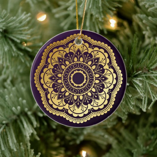 Goud en Paars Mandala Keramisch Ornament (Boom)