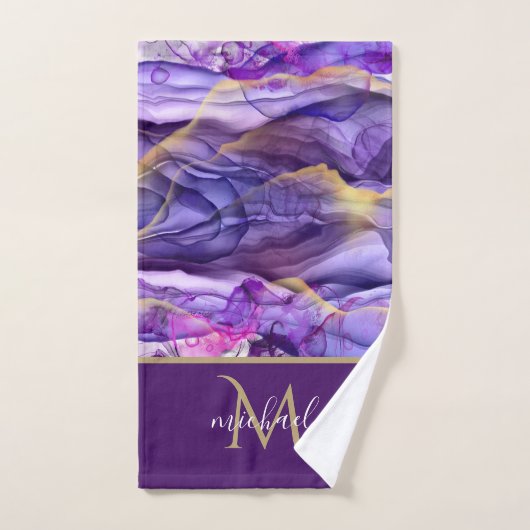 Goud en Paars marmer Agate & Monogram Luxe Bad Handdoek (Handdoek)
