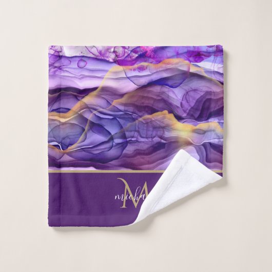 Goud en Paars marmer Agate & Monogram Luxe Bad Handdoek (Wasdoekje)