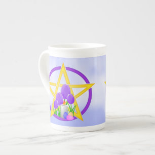 Goud en Paars Ostara Pentagram met Tulips Porselein Kop