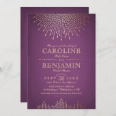 Goud en paarse art deco vintage bruiloft kaart (Voorkant / Achterkant)