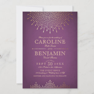 Goud en paarse art deco vintage bruiloft kaart
