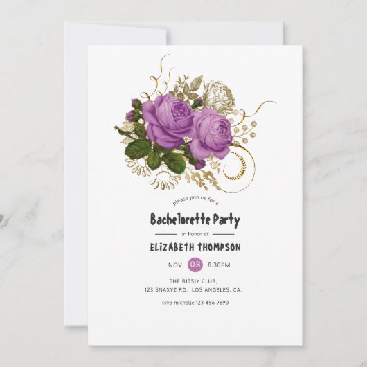 Goud en Paarse  chique vrijgezellenfeest Kaart (Voorkant)
