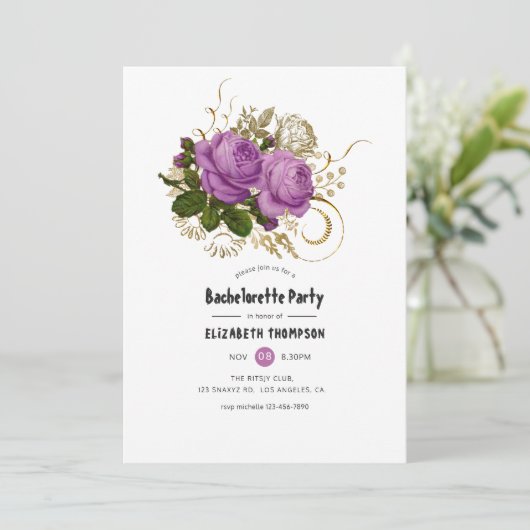 Goud en Paarse  chique vrijgezellenfeest Kaart (Staand voorkant)