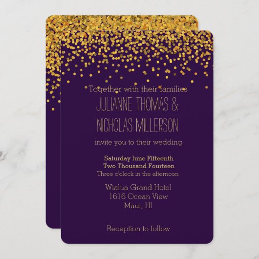 Goud en Paarse Confetti Stippen Bruiloft Kaart (Voorkant / Achterkant)
