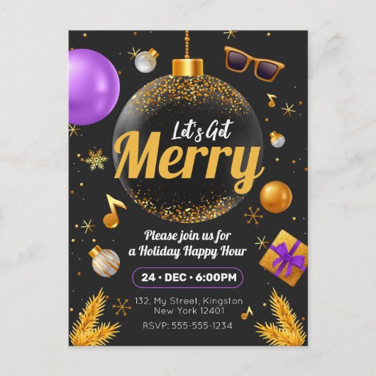 Goud en Paarse Laten we vrolijk kerstplezier krijg Uitnodiging Briefkaart (Voorkant)