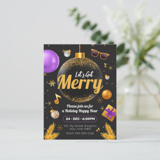 Goud en Paarse Laten we vrolijk kerstplezier krijg Uitnodiging Briefkaart (Staand voorkant)