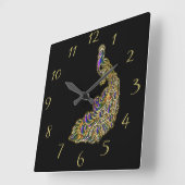 Goud en paarse pauw glimpelen helder vierkante klok (Hoek)